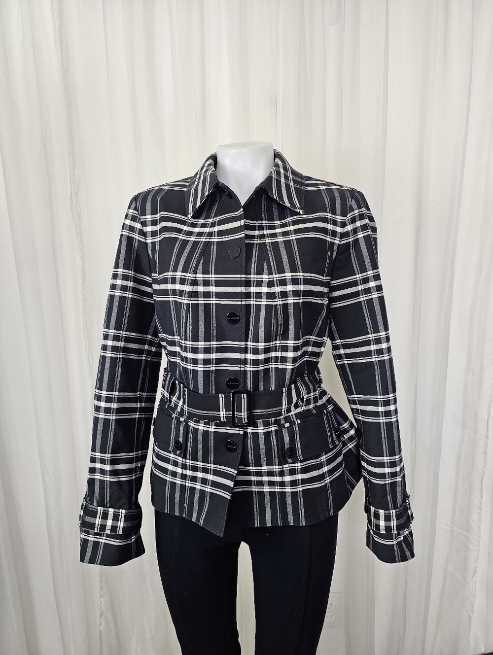 Jones New York Plaid Belted Short Jacket - Black & White Preppy Medium